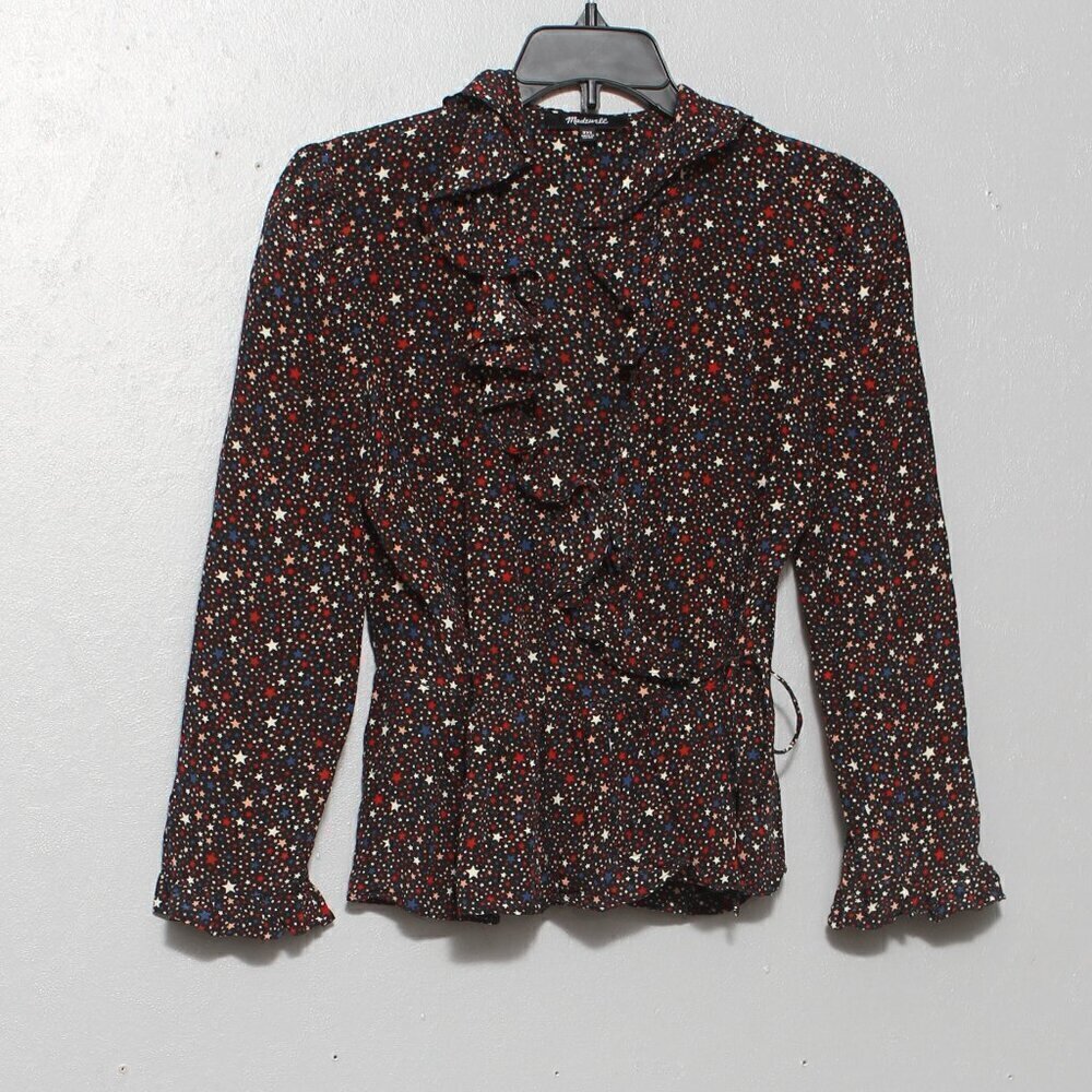 Madewell silk long sleeve star print ruffle wrap  blouse